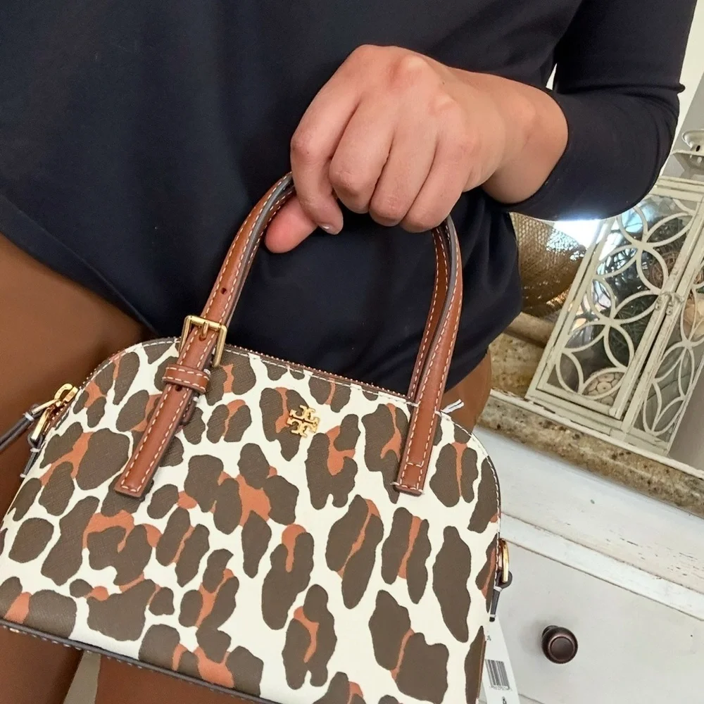 New Tory Burch EMERSON PRINTED DOME SATCHEL BEIGE REVA LEOPARD